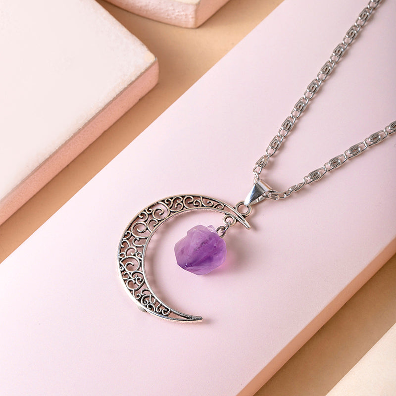 Vintage Purple Natural Stone Moon Necklace